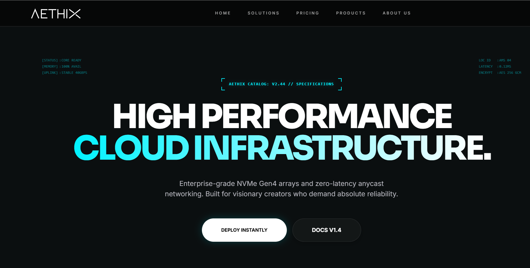 Captură din conceptul de site AETHIX Cloud
